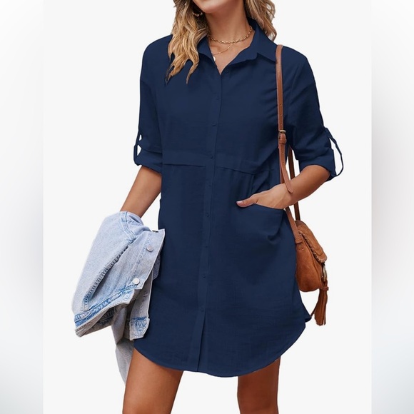 Dresses & Skirts - 🆕 Women's Cuffed Sleeve Collared Button Down Shirt Dress Cover-Up Blue Medium